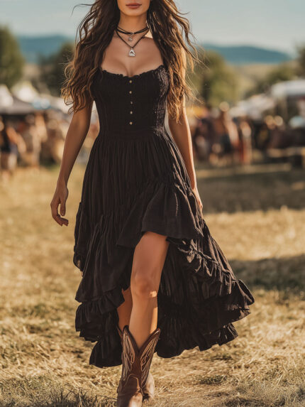 Zwarte Bohemian Maxi | Gesmokt met Ruches